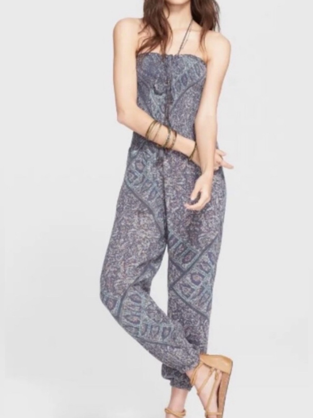 Free People Balloon Gauzy Smocked Strapless Jumpsuit Paisley
